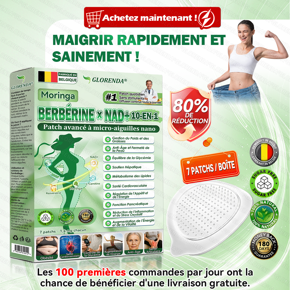 Boutique officielle 🍋‍🟩🍋‍🟩𝐆𝐋𝐎𝐑𝐄𝐍𝐃𝐀® Moringa · Berbérine + NAD+ – Patch Microneedle Nano Avancé 10-en-1 (1×/jour, résultats visibles en 7 jours) | Obésité, relâchement cutané, apnée du sommeil, articulations, etc.-LYJ